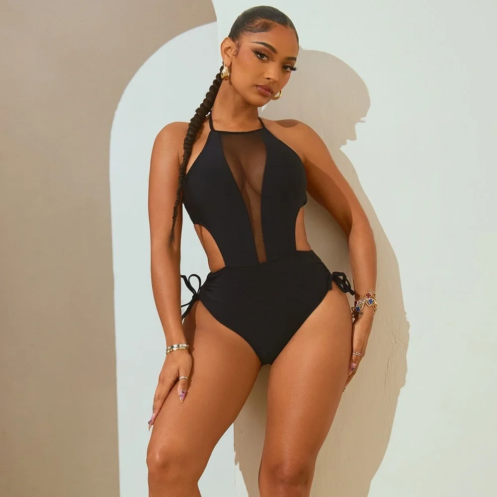 NWT Black sheer one piece swimsuit